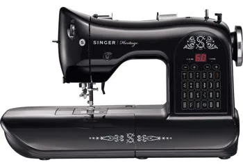 A black Singer Heritage sewing machine.